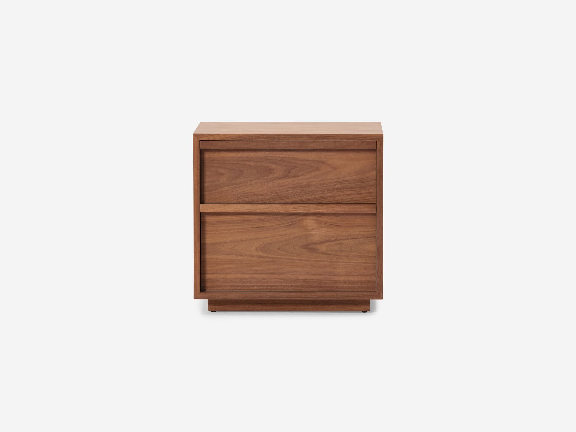 Front view of two drawer walnut nightstand